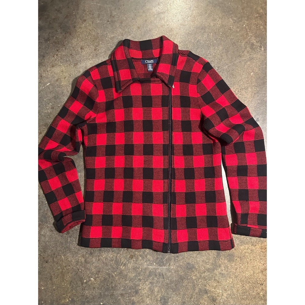 Chaps Buffalo Plaid Jacket Women's Medium Red Black Zip Up Lightweight Coat